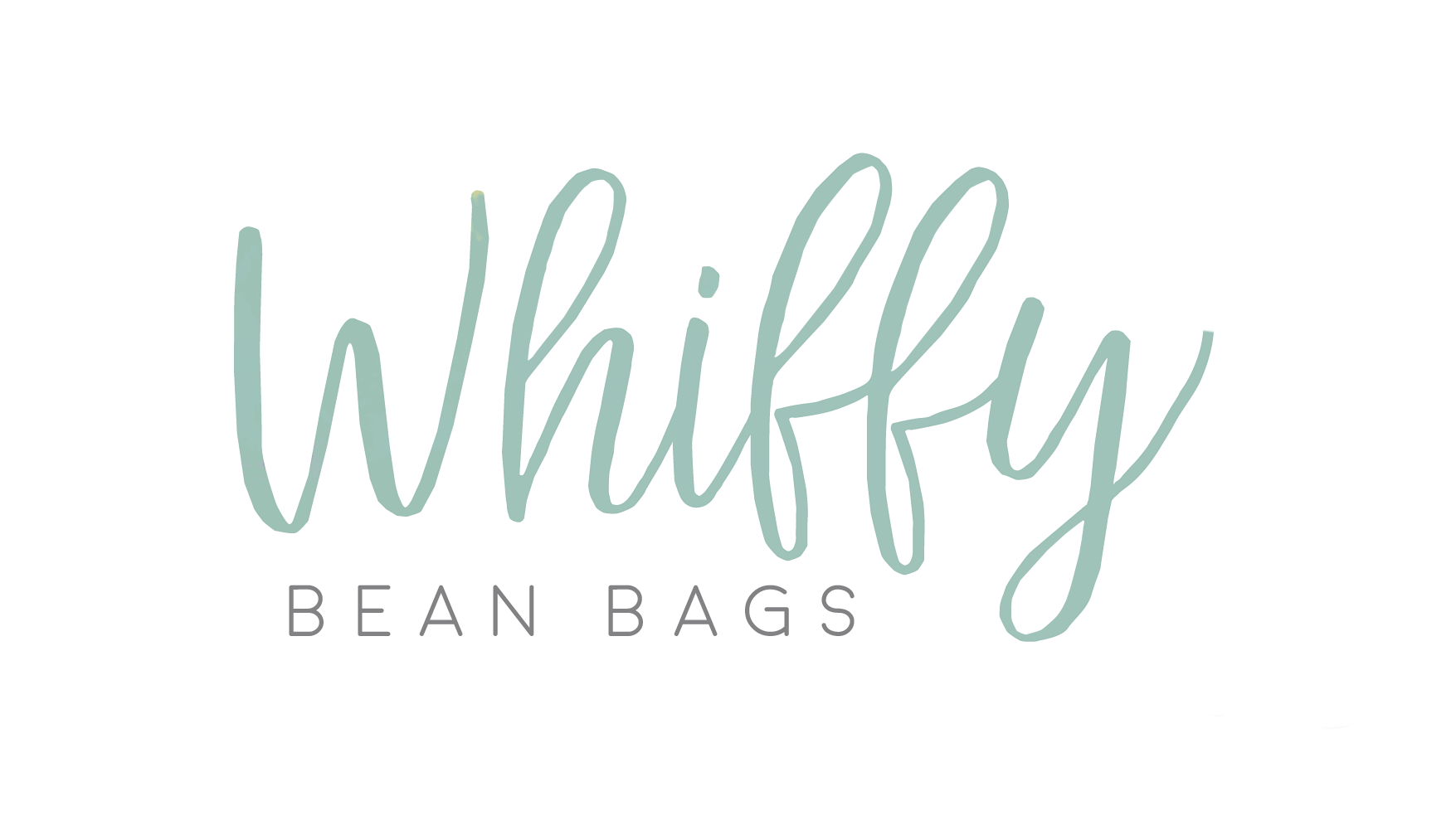 Whiffy Bean Bags logo. Whiffy is written in light green cursive and bean bags are in gray printing.