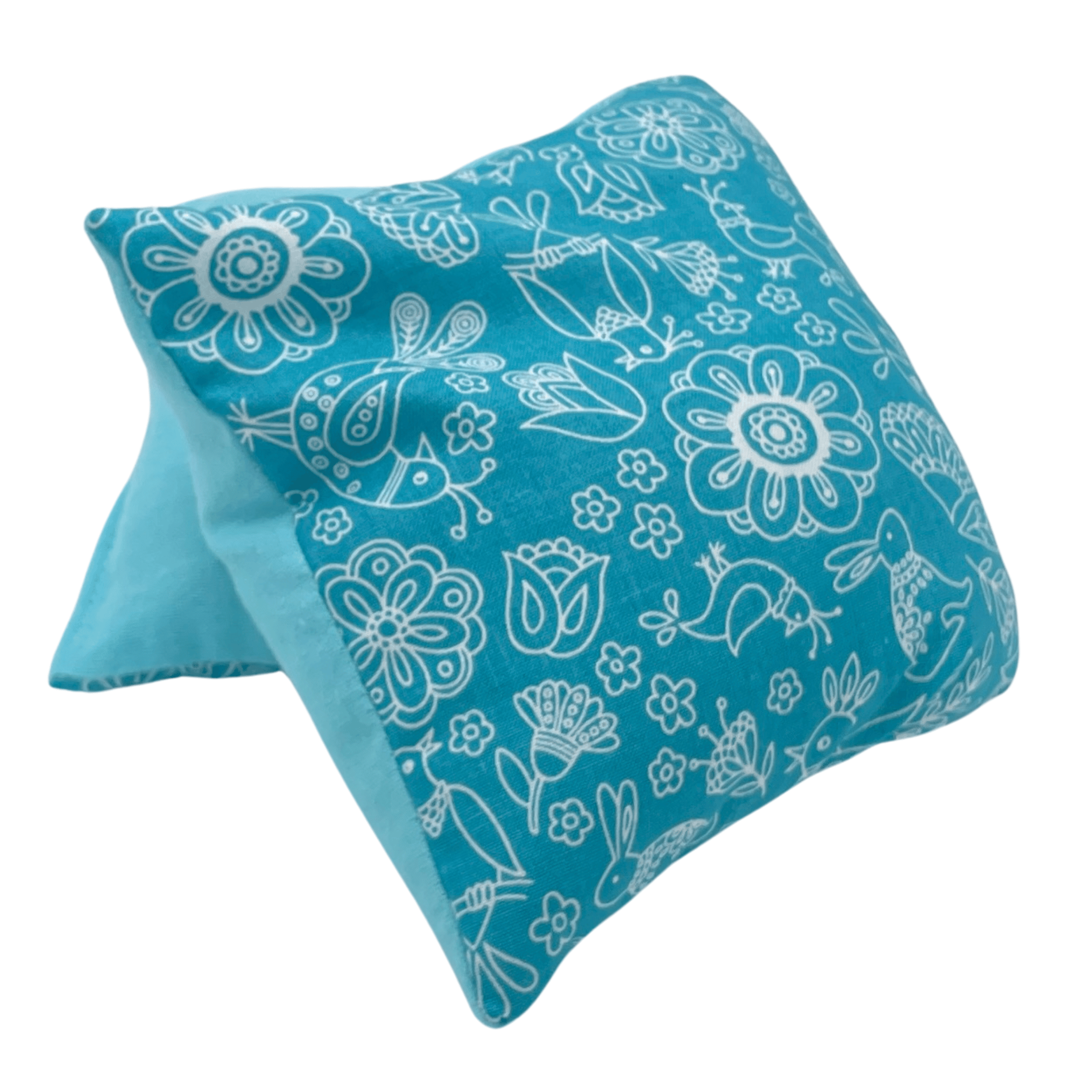 whiffy 6" x 12" microwavable heating pad hot and cold pack in blue and white floral fabric with blue flannel on the other side