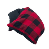 whiffy 6" x 12" microwavable heating pad hot and cold pack in red and black buffalo plaid fabric with black flannel on the other side
