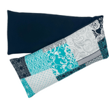whiffy 5" x 23" microwavable neck wrap in blue and black patchwork fabric with black flannel on the other side