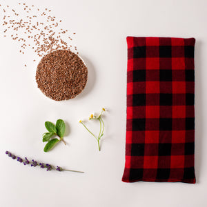 Whiffy Bean Bag, a microwavable heating pad/ice pack in size large, 12" x 6" in a red and black buffalo plaid flannel fabric.